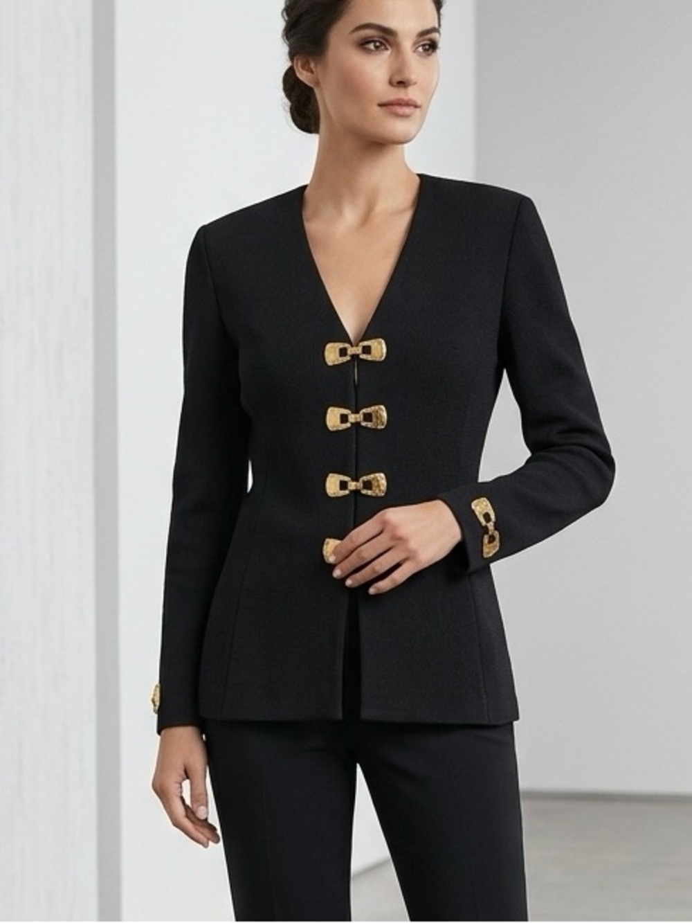 St. John Black Knit Blazer with Zipper Front and Gold Tone Hook and Eye Closures - Picture 1 of 9